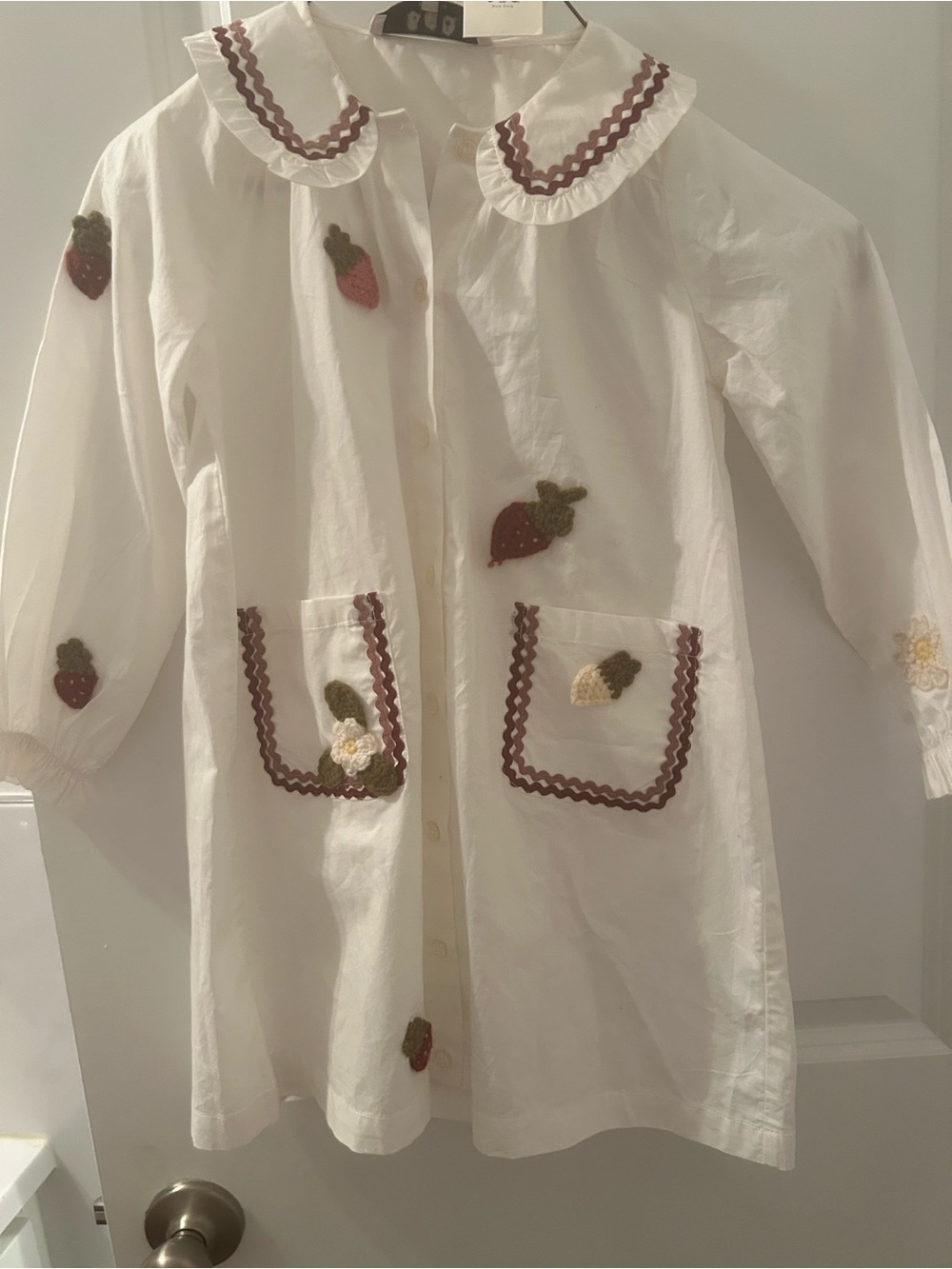 Sea New York White Cotton Dress with Strawberry Appliqués